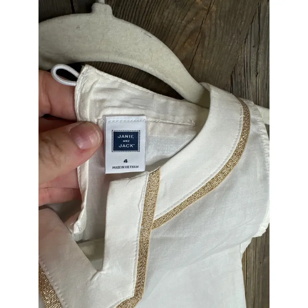 Janie and Jack White Dress Girls Size 4, 100% Cotton, Gold-Trimmed V-Neck